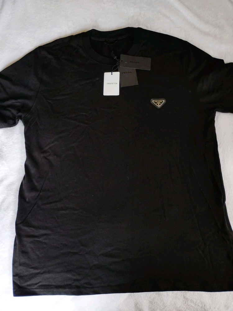 Prada Milano Black Cotton T-Shirt with Triangle Logo Patch Adult XL Essential