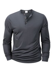 Mens Cotton Slim Fit Long Sleeve Henley T-Shirt Casual Button Tee Top Gym Gift
