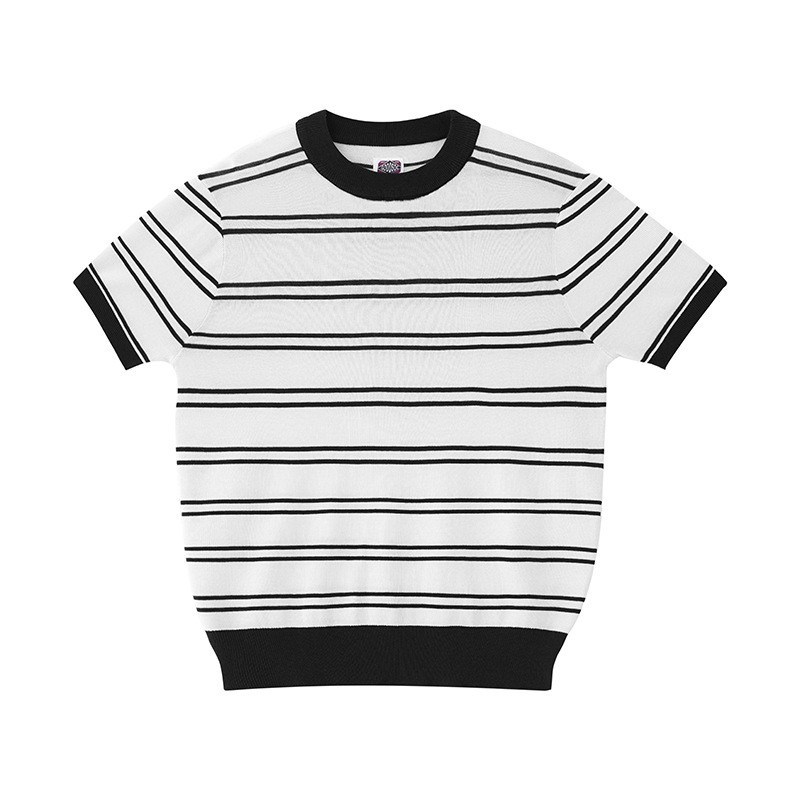 Men’s Retro Knitted Tencel Contrasting Horizontal Stripe Short Sleeved T-Shirt