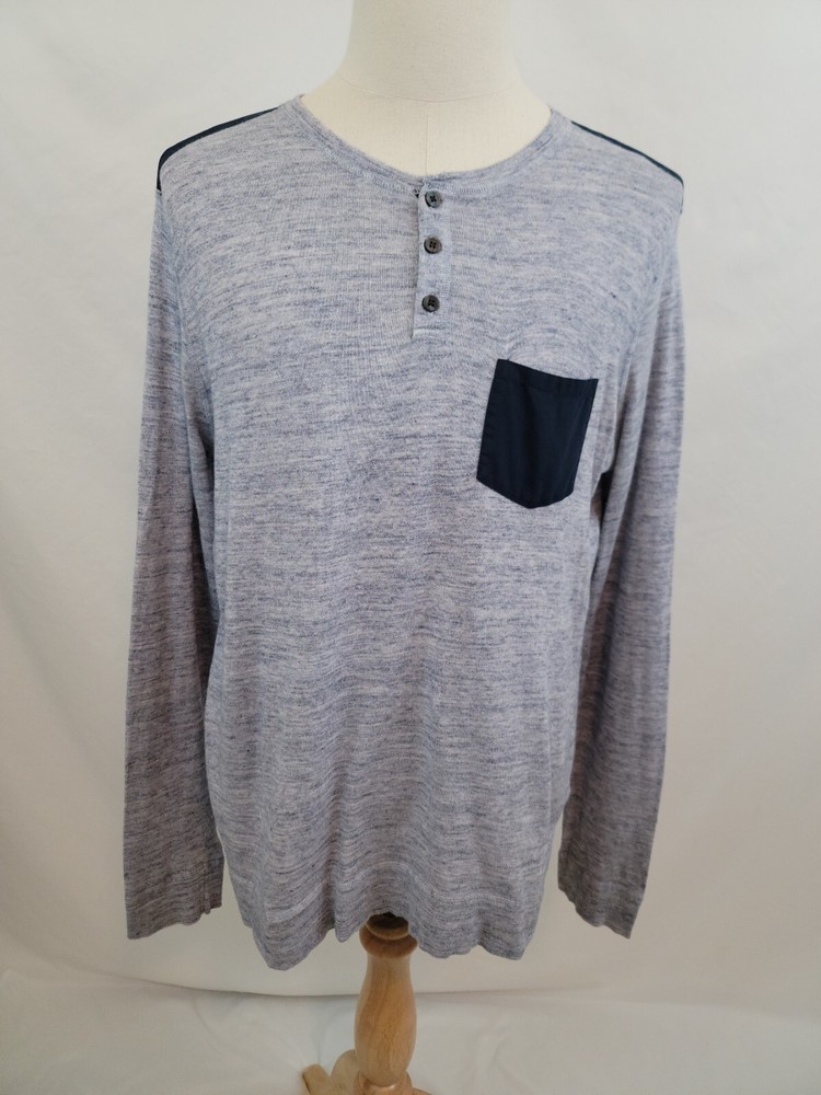 Vince Henley Tee T-Shirt Men’s Light Gray Heather Contrast Black Pocket Large