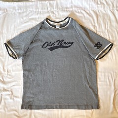 Vintage Old Navy 33 T-Shirt Size L Grey Stripped Navy Blue and White Sleeves