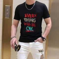 New Men Luxury Rhinestones Fashion Diamonds Black White T-Shirt High Quality