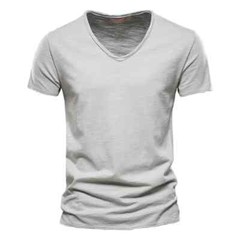 100% Cotton V-Neck Design Slim Fit Soild Color Short Sleeve T Shirt for Men