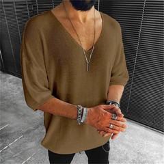Men’s Knitted Short Sleeve T-Shirt Classic Casual Slim Fit V-Neck Shirts