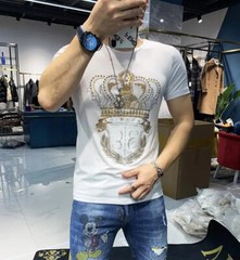 New Fashion Crown Trend Rhinestone Summer Cotton Short Sleeve Luxury Men T-Shirt