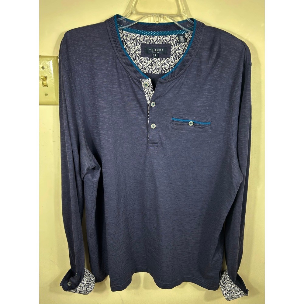 Ted Baker London Slub Henley Shirt Men’s XL Long Sleeve Floral Trim Preppy