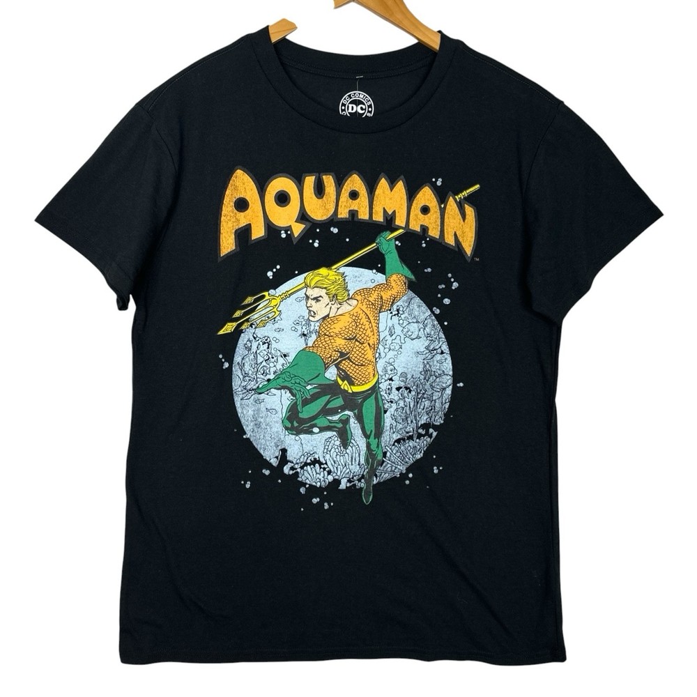 DC Comics Aquaman Graphic T Shirt Mens Large Black Superhero Comic Tee NWT