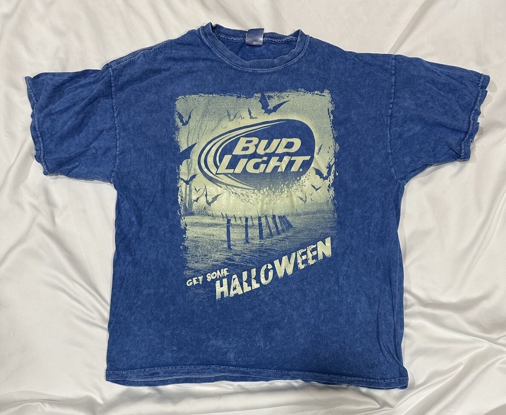 Bud Light Beer Shirt Size L Blue Mineral Wash Halloween Graphic Print