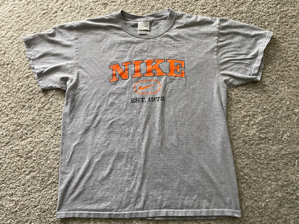 Vtg Nike T Shirt Gray Tag Sz L Made In Honduras / USA Orange Spellout Logo 90s