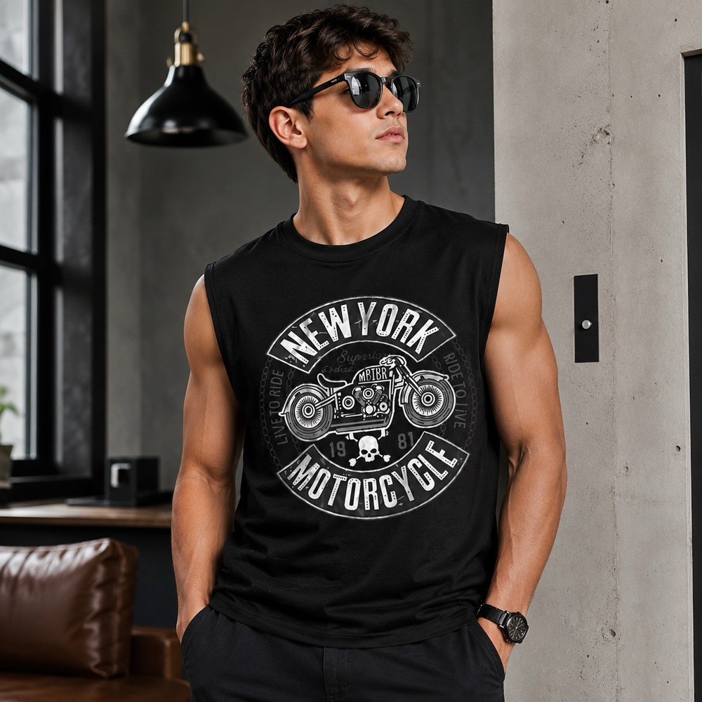 Black Men’s Sleeveless Graphic Print T-Shirt Crew Neck “New York Motorcycle” S