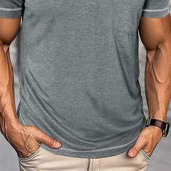 Men Short Sleeve Solid Half Open Collar T-shirt Button Pullover Casual Tee