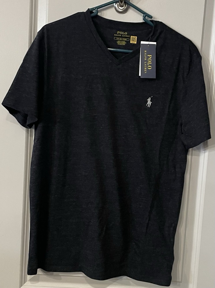 Polo Ralph Lauren Short Sleeve V-Neck T-Shirt – Black Heather (White) – Size: S