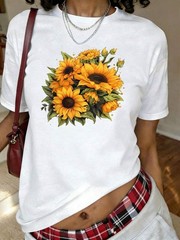 Yellow Sunflowers Print T-Shirt, Short Sleeve Crew Neck Casual Top