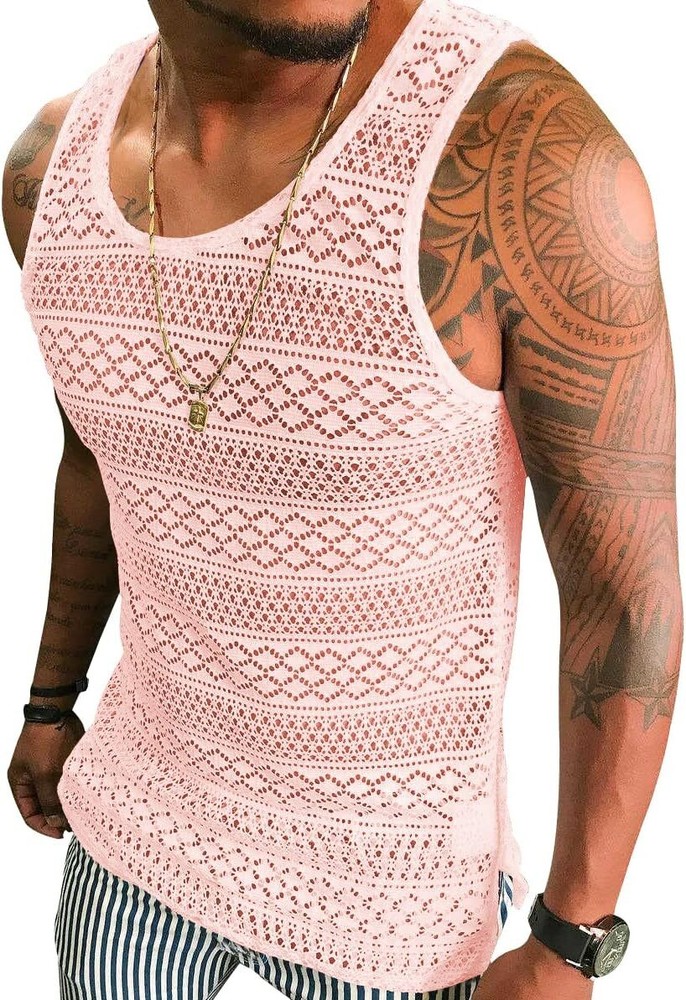 Mens Mesh See Through Tank Top Sleeveless Muscle Fit Sexy Vest Shirt