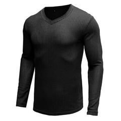Zonbailon men’s t-shirt solid color quick dry V-neck bottomed shirt long sleeve