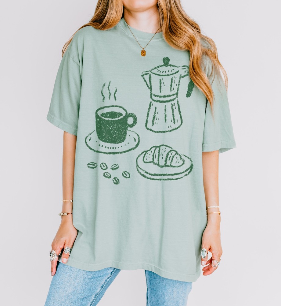 Coffee and Croissant Graphic Tee Hand-Drawn Sketch Art