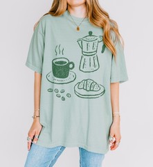 Coffee and Croissant Graphic Tee Hand-Drawn Sketch Art