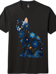 Blue Floral Folk Art Cat T-Shirt, Cute Botanical Cat Lover Tee