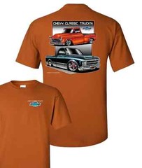 Chevy C10 T-Shirt – Orange w/ 2 Classic Trucks & Bowtie Emblem
