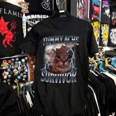 Tummy Ache Survivor T-Shirt Funny Cat Meme Soldier Graphic Vintage Heavy Metal