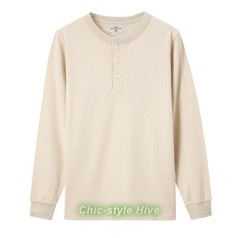 Mens Long Sleeve Shirts Soild Color Heavy Cotton Retro Casual T-Shirts Pullover