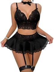 Sexy Stocking Mini Skirt Wireless Mesh Lace Garter Lingerie with Thong Set 4 …