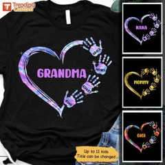 Mom Grandma Colorful Heart Hand Print Personalized Shirt Family Gift