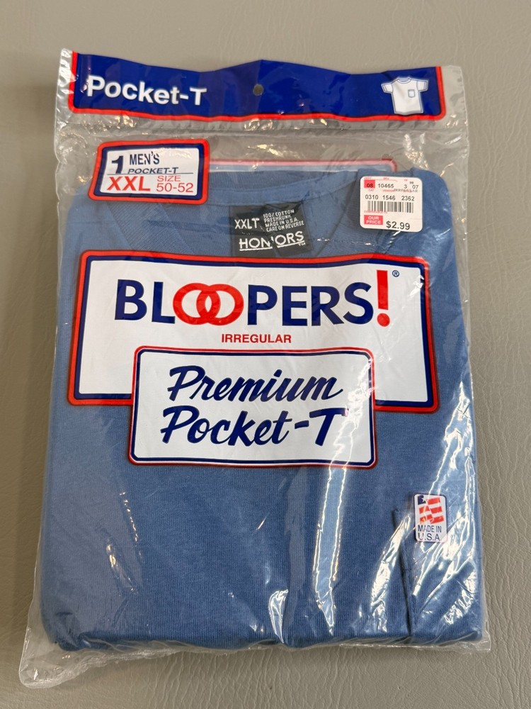Vintage 1994 Bloopers Pocket T-Shirt Size 2XL Blue Made In USA Irregular