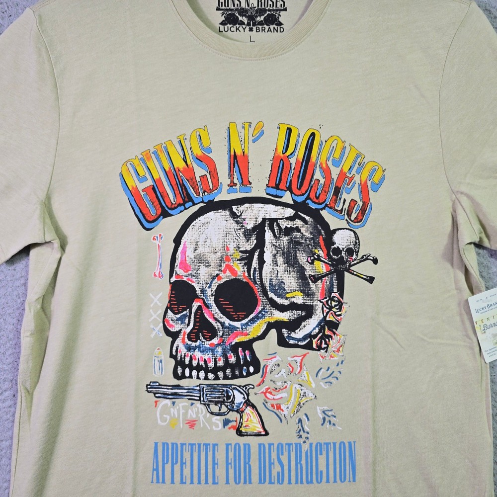 LUCKY BRAND Guns n Roses Mens Large Beige Skull Casual Music Rock 80s Metal NWT