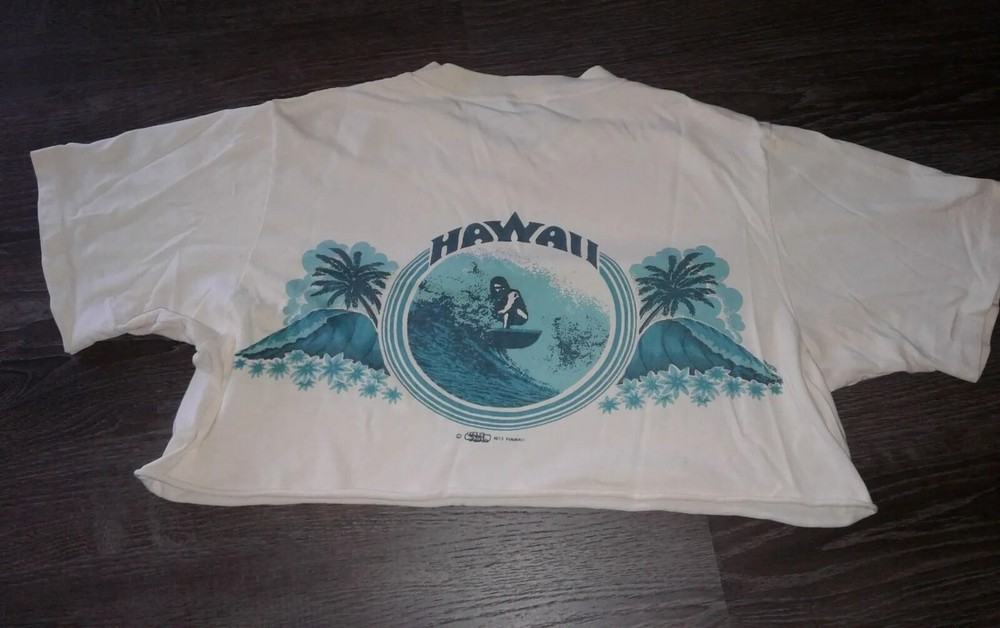 Vintage 70s Cut Crop Tee Hawaiian Crazy Shirt 1973 Palm Waves Beach Surf Hawaii