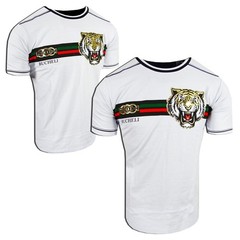 Mens White T-Shirt Designer Bucheli Italian Stripe Gold Tiger Slim Fit Crew Neck