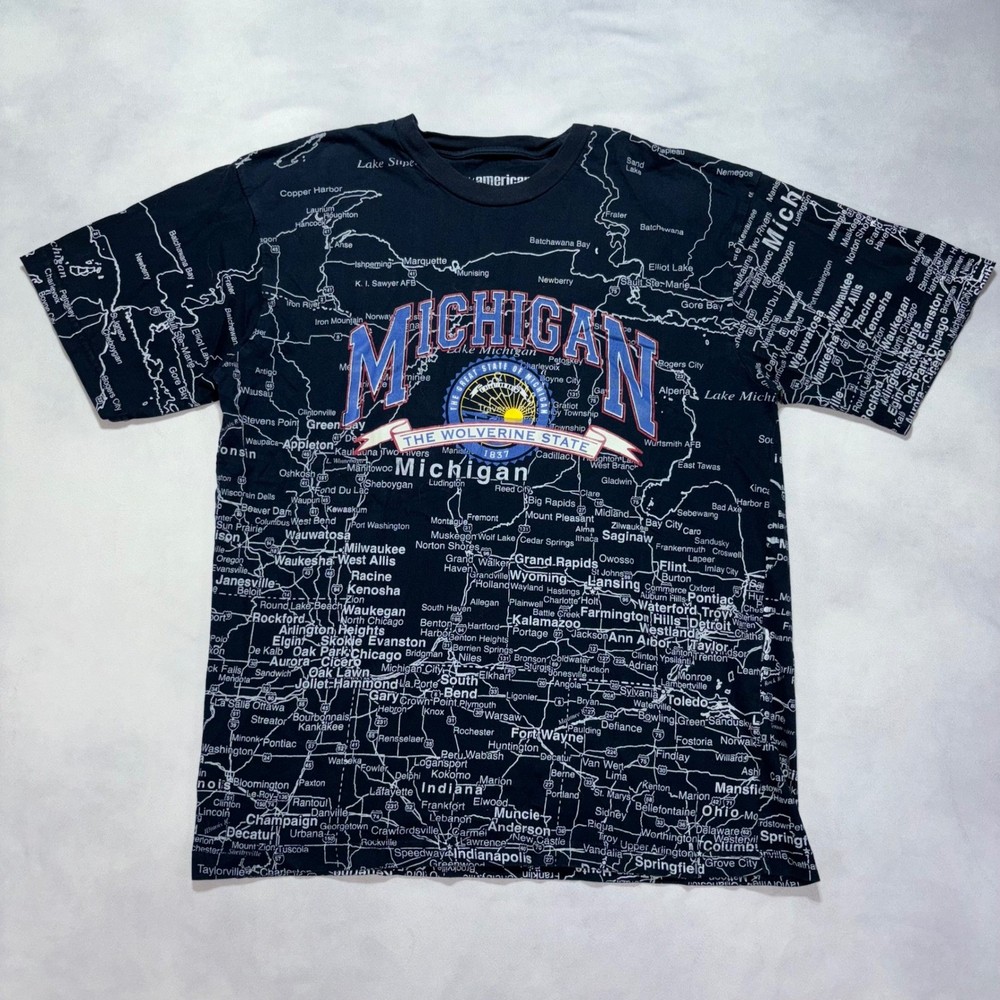 Vintage Michigan All Over Print Map T-Shirt Men’s Medium USA Map Short Sleeve