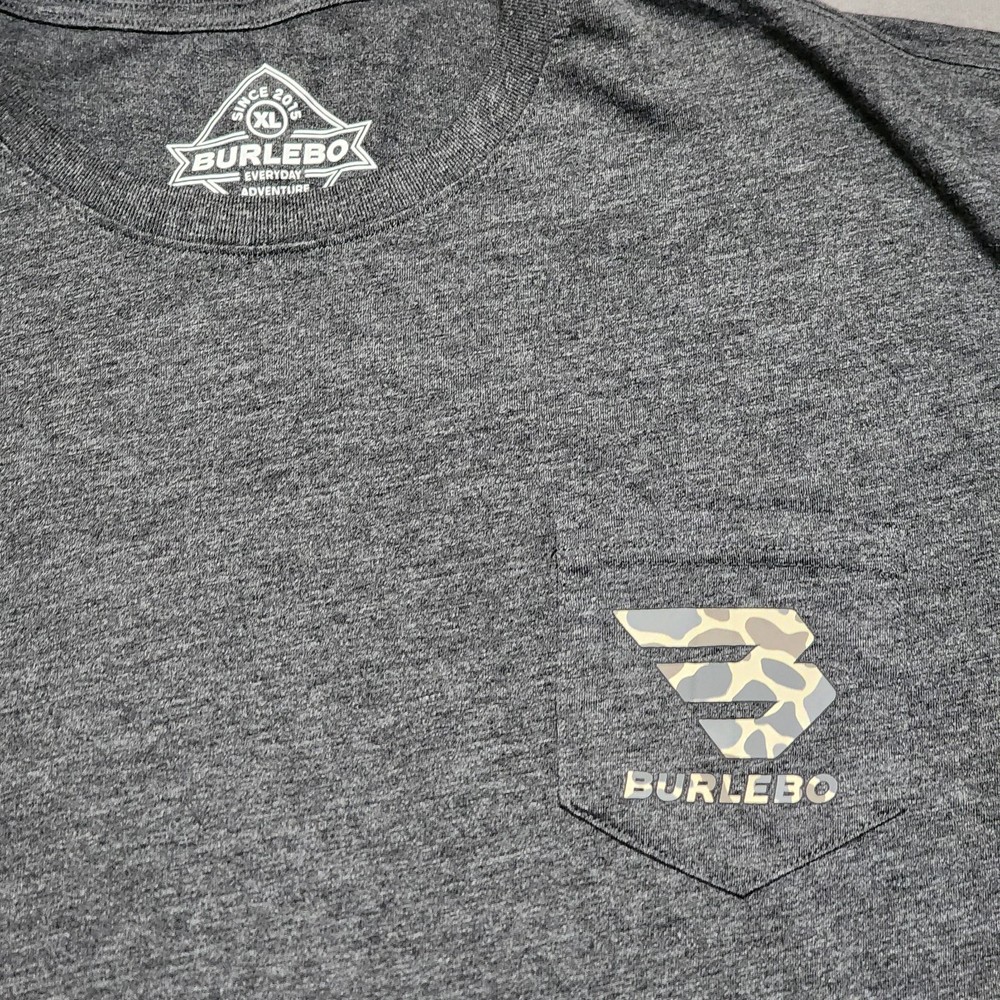 Burlebo Shirt Men XL Heather Gray Camo Logo Pocket Tee Outdoors Hunt Fishing BBQ