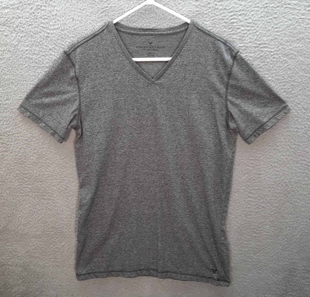 American Eagle Shirt Mens Medium Tall Gray Heather V Neck Preppy Workwear Casual