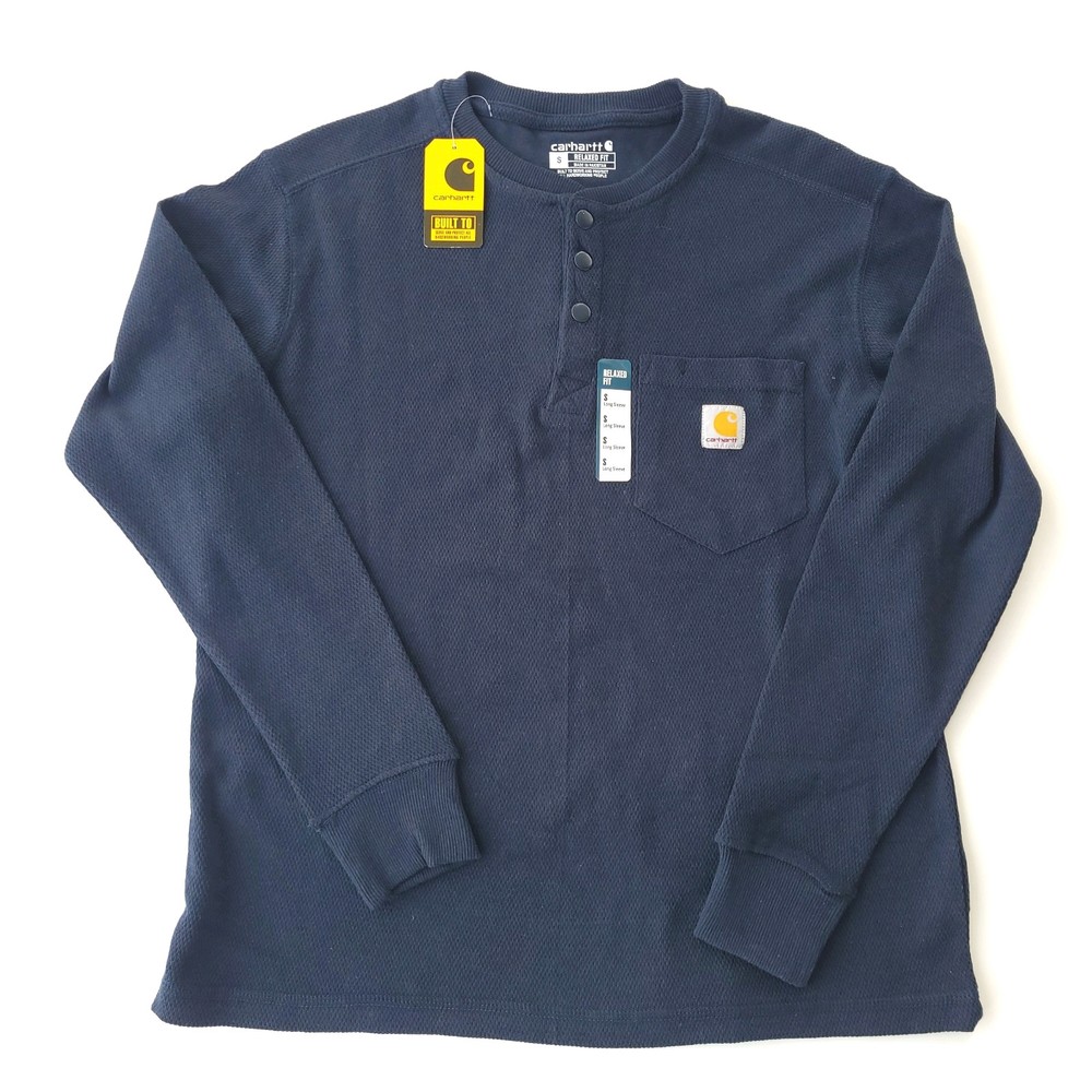 NWT Carhartt SMALL Relaxed Fit Heavyweight L/S Henley Pocket Thermal Shirt Navy