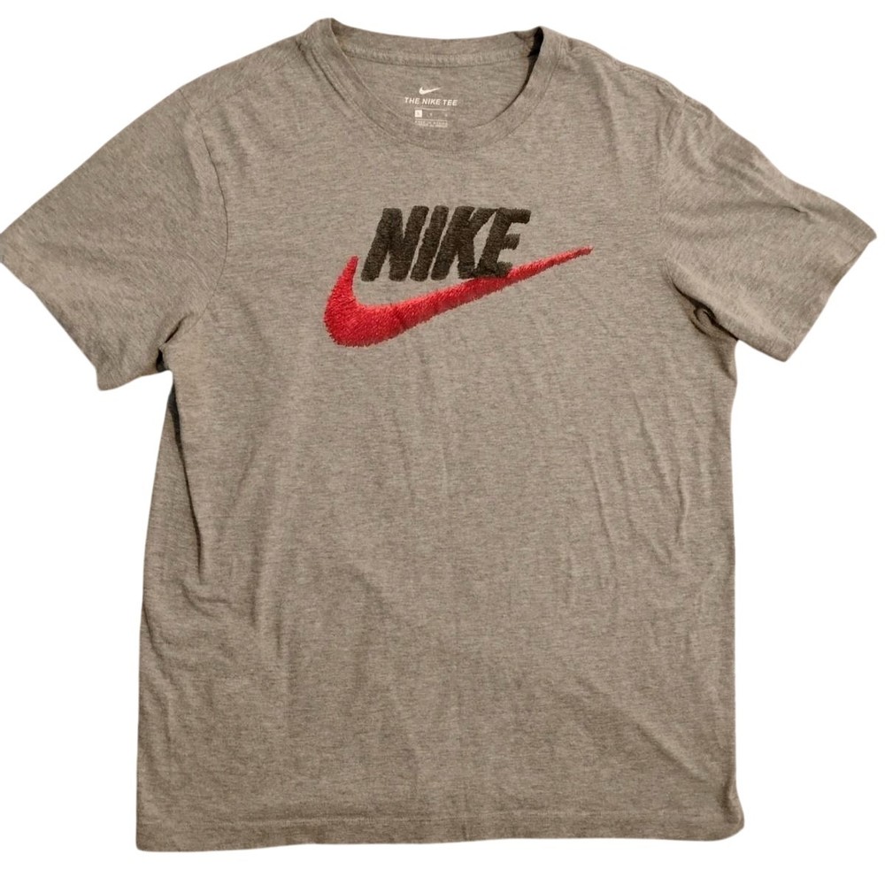 Nike The Nike Tee Shirt Mens Large Gray Red Swoosh Embroidered Logo Graphic
