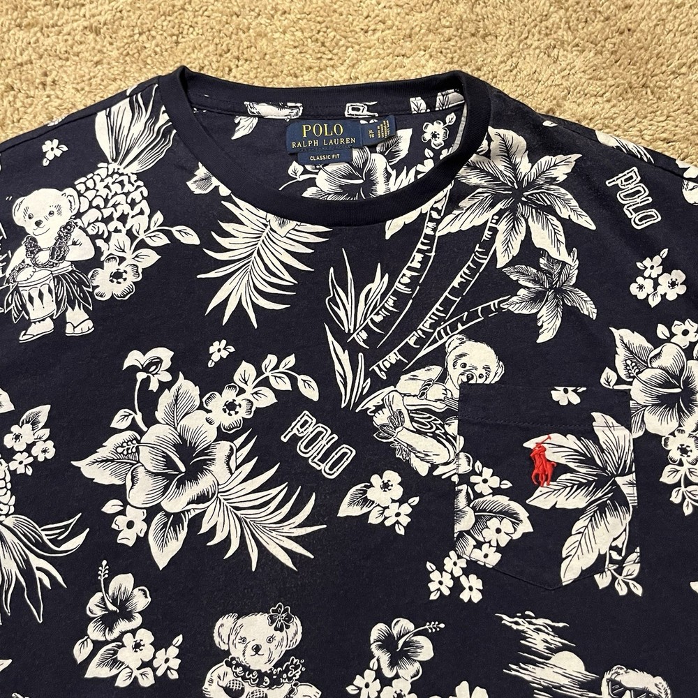 Polo Ralph Lauren T-Shirt Mens Size XL Navy Blue Hawaiian Polo Bear Tee