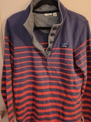 L.L.Bean womens M Regular Henley Long Sleeve Striped T-Shirt Blue Red Gray