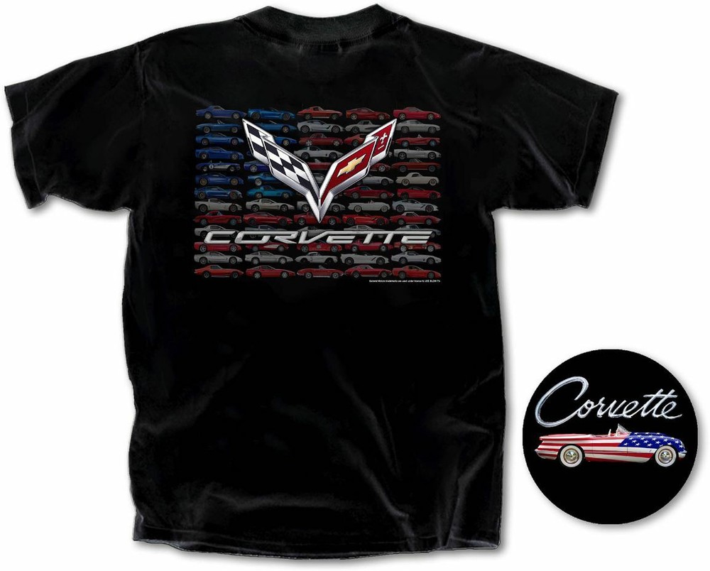 JOE BLOW T’S GM CHEVY CORVETTE USA FLAG OF CARS STACKED BLACK COTTON TEE SHIRT
