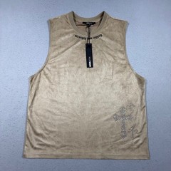 Fashion Nova Men Studded Cross Faux Suede Tee Stone Tan Sleeveless Shirt Large