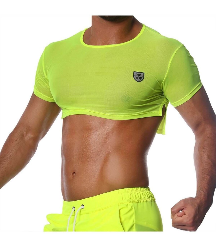 TOF PARIS Crop Top Very Soft Round Collared Shirt Neon Yellow 19