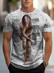Men’S 3D Digital Female Figure Pattern & Plaid Print Crew Neck And Short Sleeve