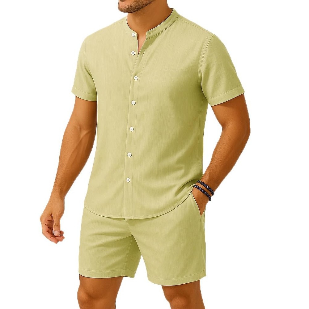 Men’s Casual Stand Collar Button Shirt and Shorts Set – Hawaiian Beach Vacati…