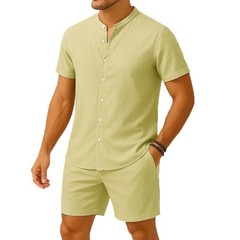 Men’s Casual Stand Collar Button Shirt and Shorts Set – Hawaiian Beach Vacati…