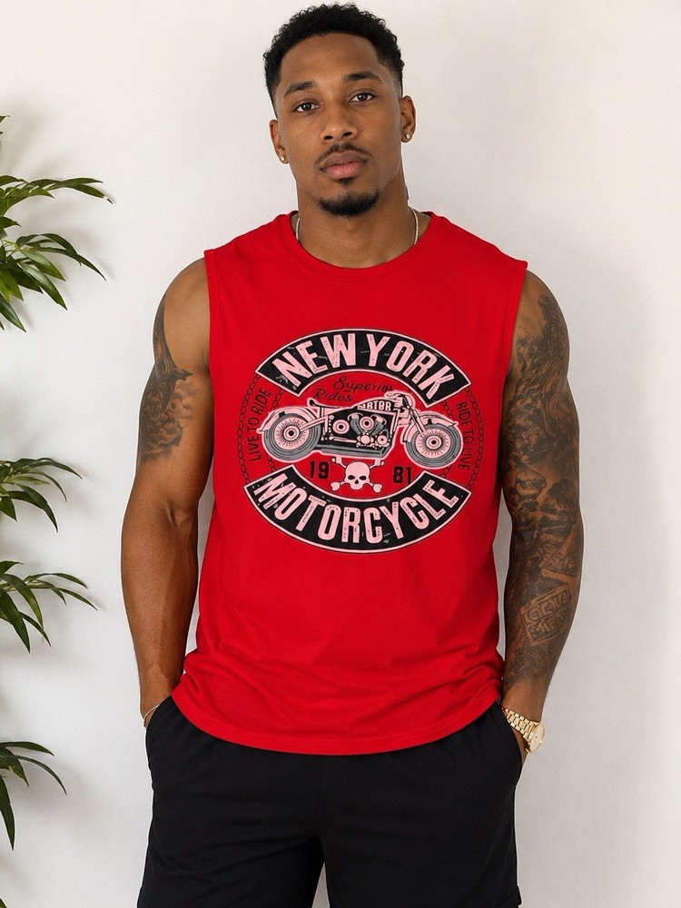 Red Men’s Sleeveless Graphic Print T-Shirt Crew Neck “New York Motorcycle” S