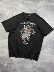 Vintage Ed Hardy By Christian Audigier Cross T-Shirt Rhinestones Y2K Black Hype