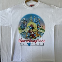Vintage 90s Disney World 25 Years Mickey Goofy Simba Genie T-Shirt S USA Made