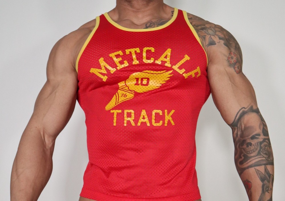 MESH RED TANK TOP WITH GOLD TRIM “METCALF TRACK” MEDIUM