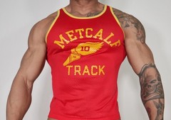 MESH RED TANK TOP WITH GOLD TRIM “METCALF TRACK” MEDIUM