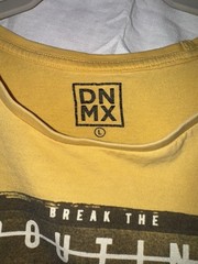 DNMX Graphic Tee Large Yellow “Break the Routine” Bottle Shatter Print Shirt